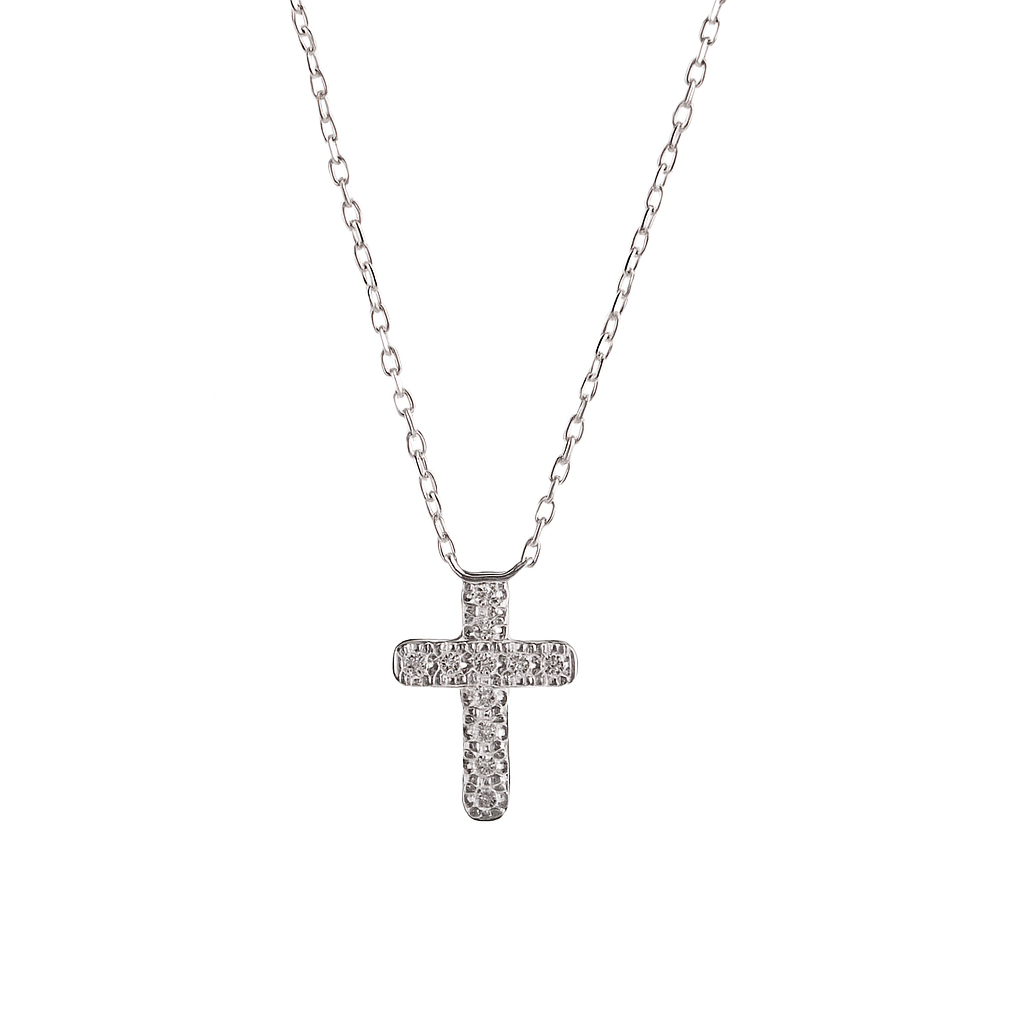 Dije de cruz con diamantes y cadena en oro blanco 14K