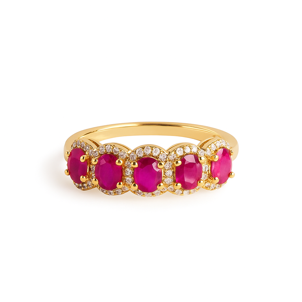 Anillo de Rubíes y Diamantes naturales en oro amarillo 14K