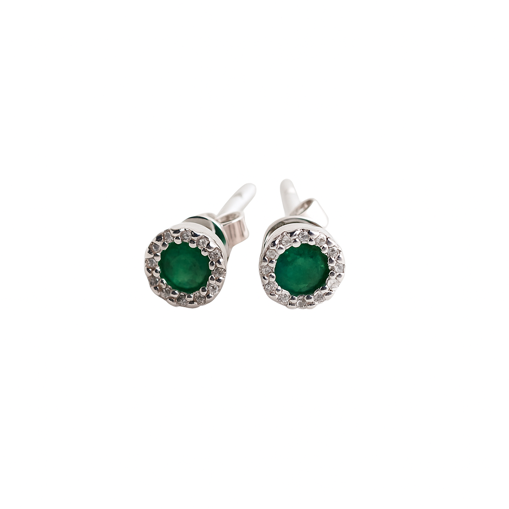 Aretes de Esmeralda redondo con halo de Diamantes