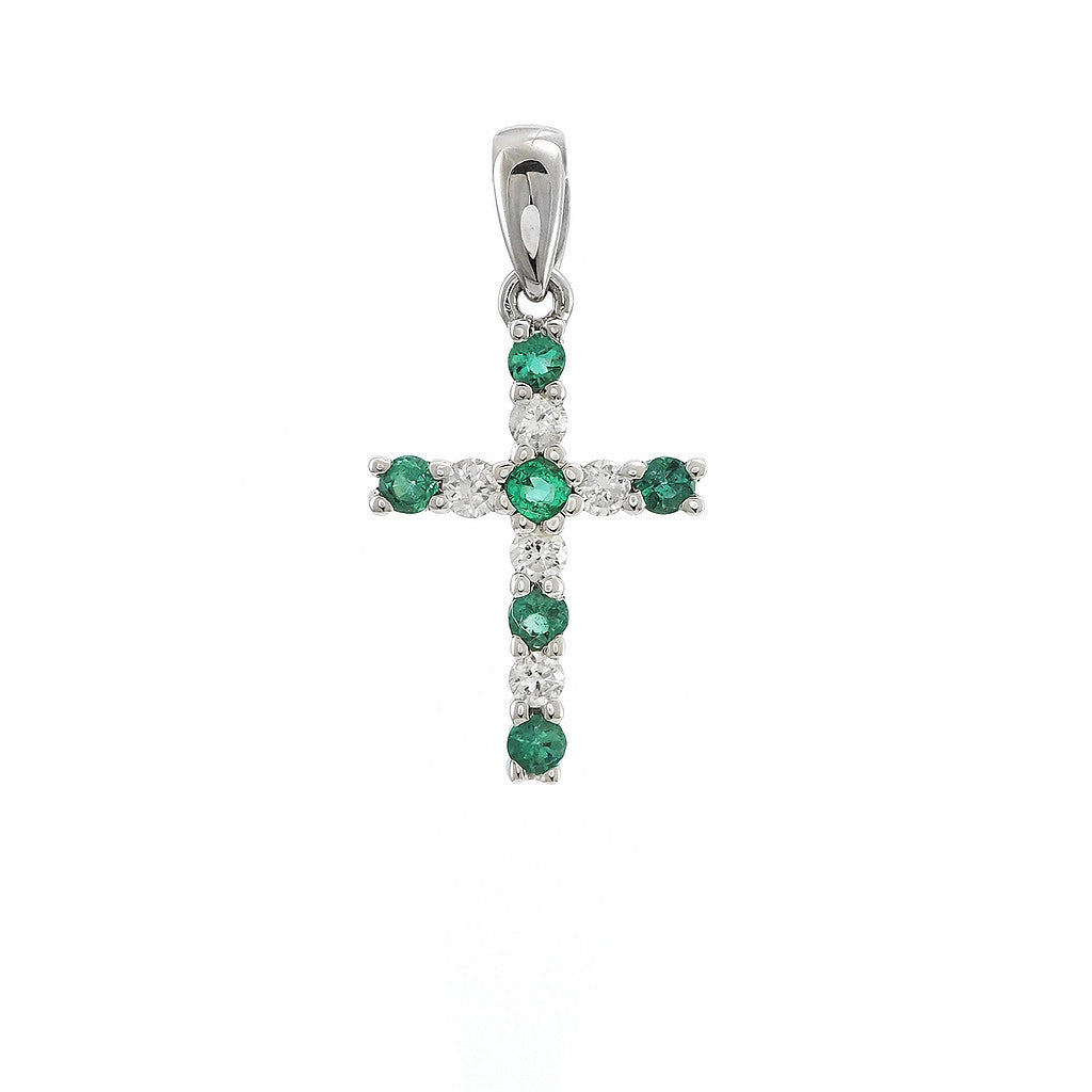 Cruz de Emeraldas y Diamantes en oro blanco 10K