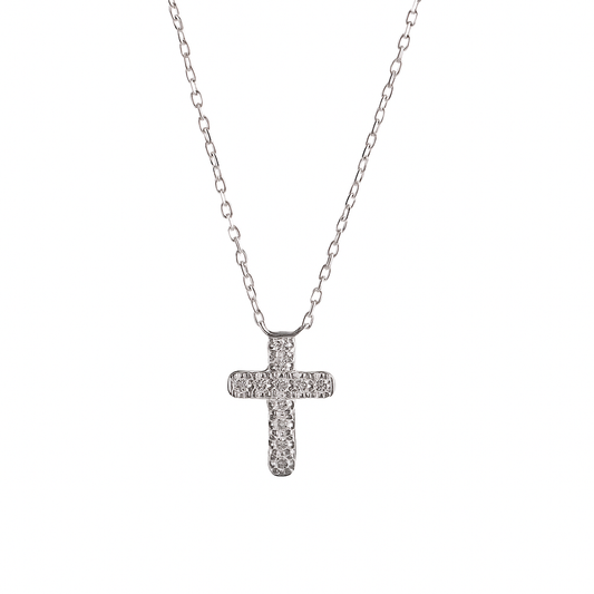 Dije de cruz con diamantes y cadena en oro blanco 14K