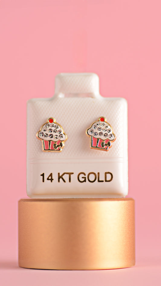 Aretes de cupcake rosa esmaltado y zirconias en oro amarillo de 14K